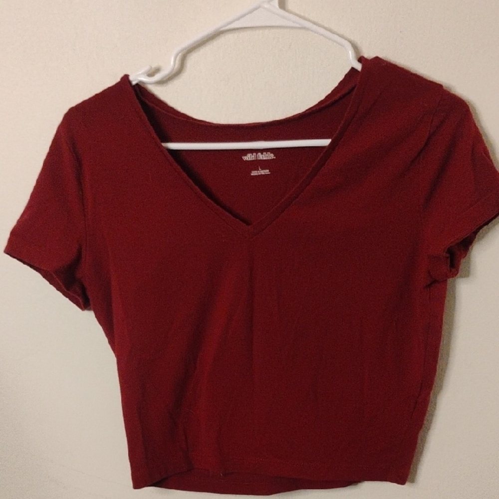Wild Fable Burgundy V-Neck Short Sleeve Tee Crop Top Large